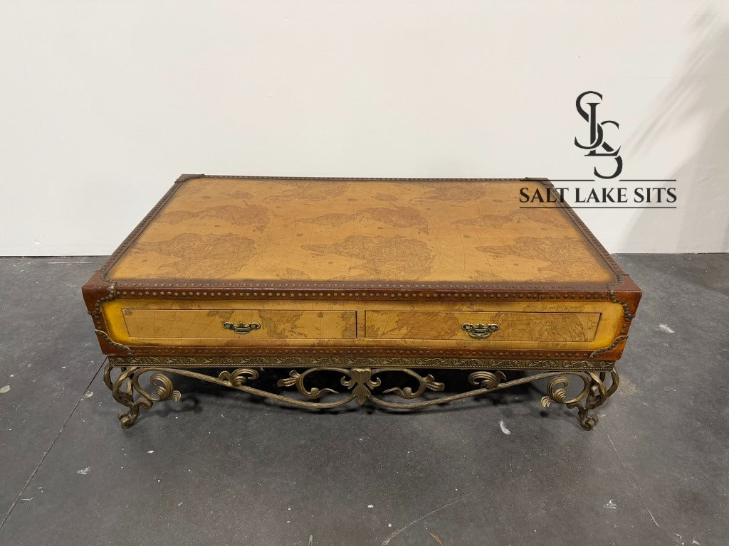 Vintage World Map Leather Coffee Table