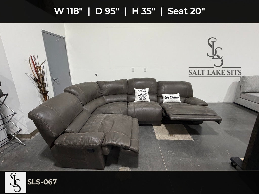 Grey Leather-Look Reclining Sectional