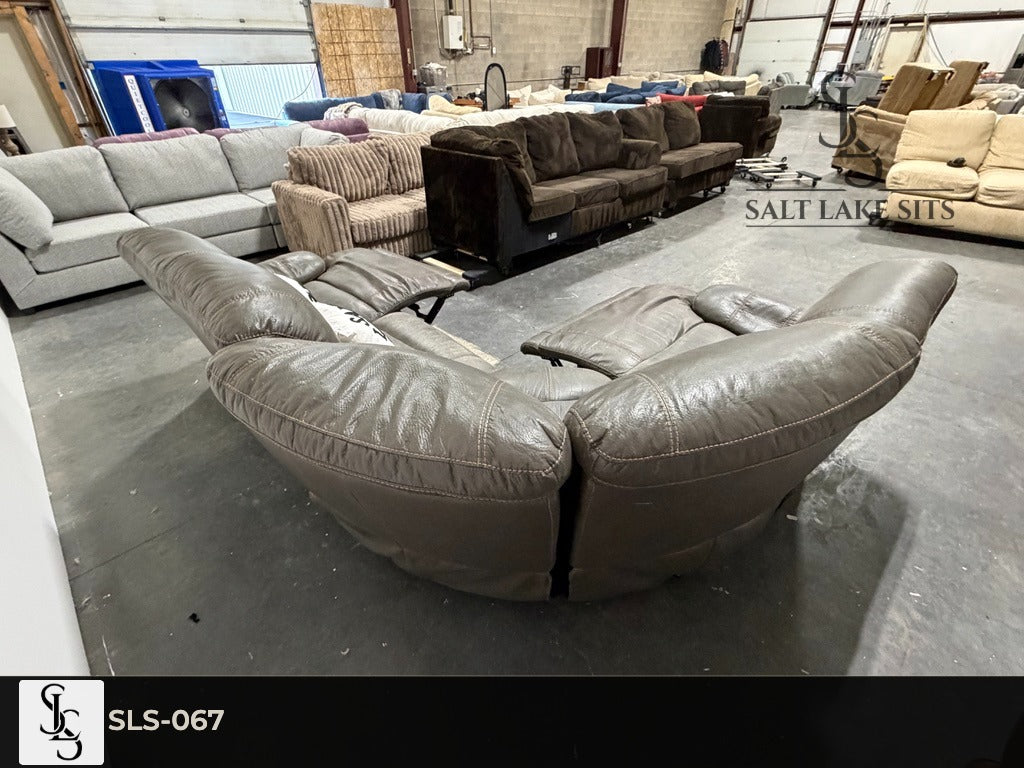 Grey Leather-Look Reclining Sectional