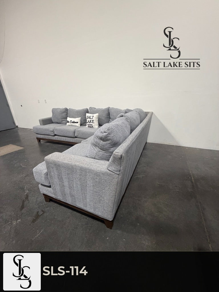 Gray L-Shaped Sectional with Wood Base