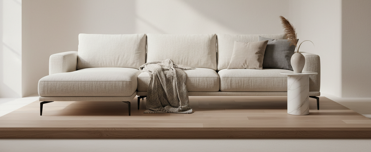 A beautifully staged modern sofa in a clean, softly lit studio environment, inviting atmosphere, high-end furniture photography, neutral tones, minimal background, premium and welcoming.