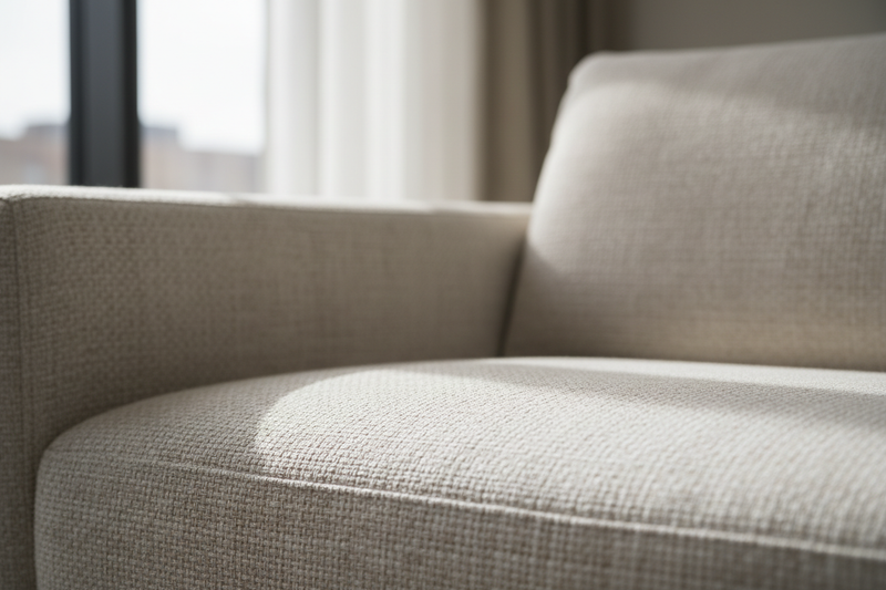 A close-up detail of a modern sofa texture in soft neutral tones, elegant fabric folds, diffused natural light, minimal aesthetic, perfect as a subtle background for review text.