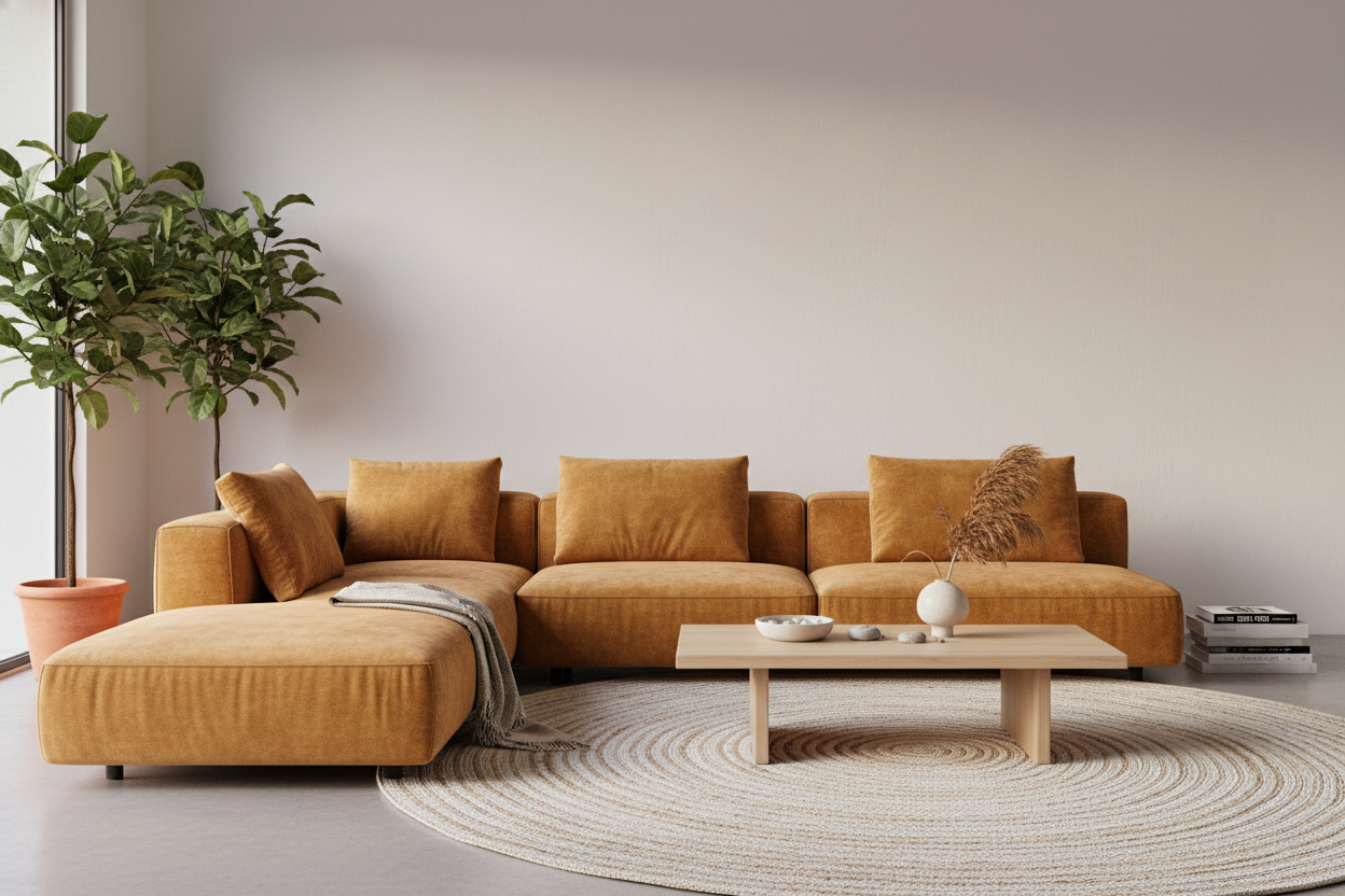 A modern living room with a low-profile contemporary sectional in a rich warm fabric, soft natural window light, clean neutral walls, round textured rug, light wood coffee table with simple decor, cozy and inviting atmosphere, high-end lifestyle photography.