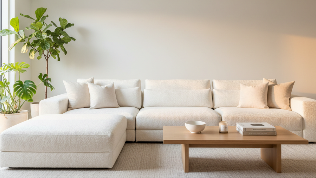 A modern sectional sofa in soft neutral fabric, arranged in a bright room with a large blank wall, gentle natural lighting, subtle plants for atmosphere, light-toned coffee table with understated decor, warm and welcoming lifestyle look.